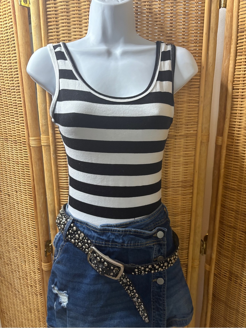 La Hearts Black and White Striped Scoop Neck Bodysuit